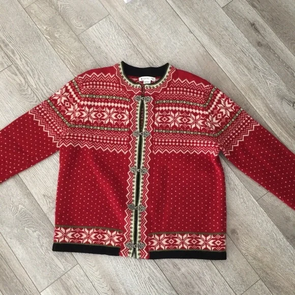 Susan Bristol Women Wool Cardigan Sweater Nordic Fair Isle Metal Clasps Hooks Lg - Picture 2 of 9